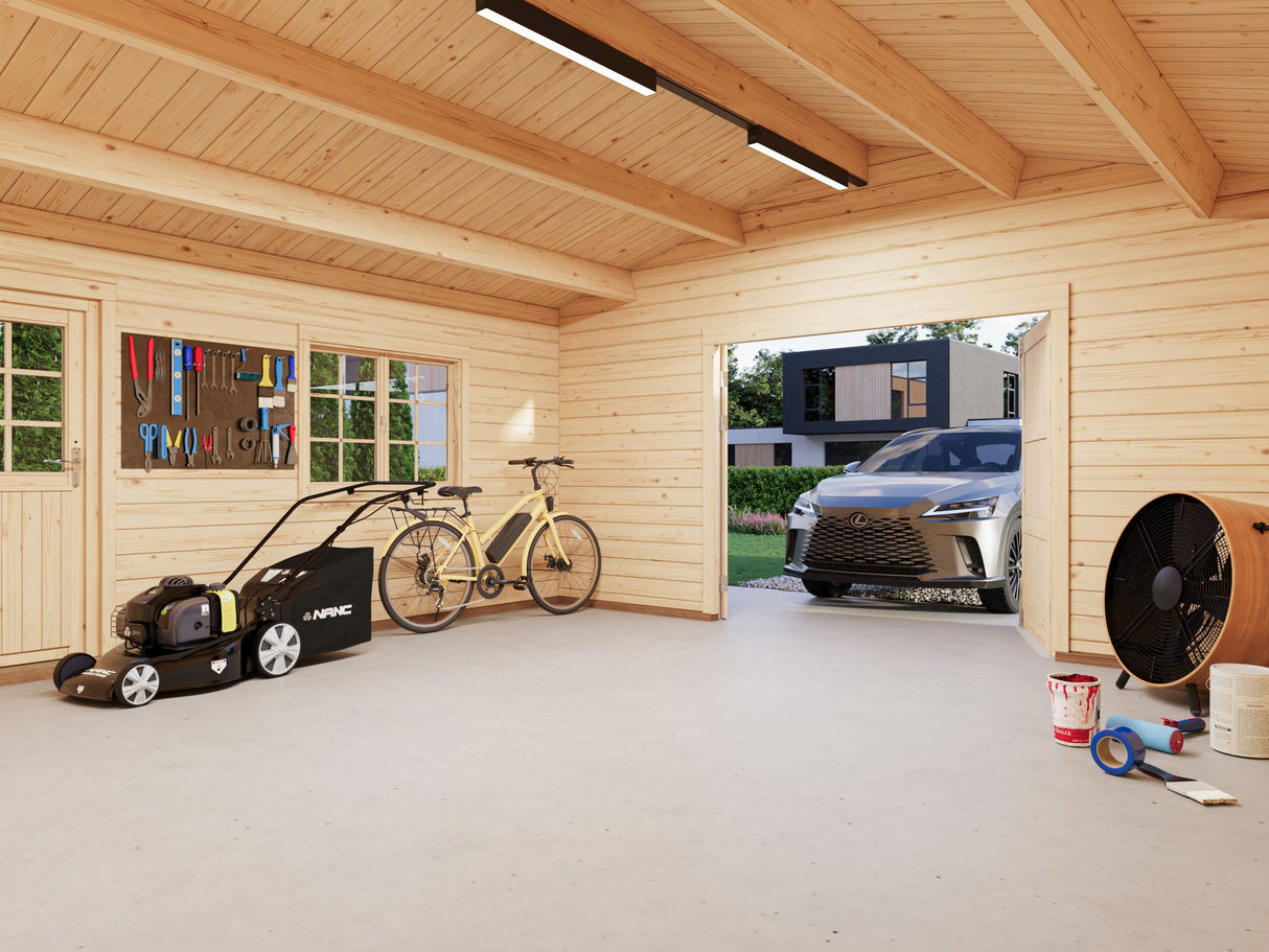 Roger L (5.6x5.6m | 27.7m2 | 70mm) Spacious Timber Log Garage with Wooden Gate - Palmako UK