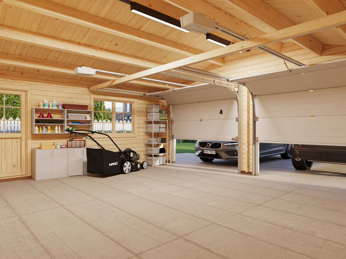 Roger XL (6x5.3m | 28.4m2 | 44mm) Timber Log Double Garage with Sectional Doors - Palmako UK