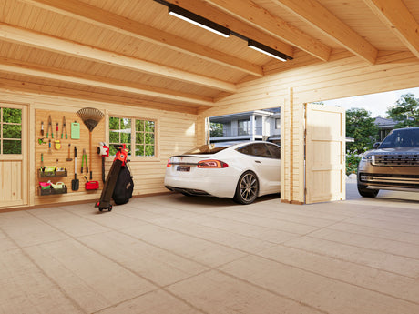 Roger XL (6x5.3m | 28.4m2 | 44mm) Timber Log Double Garage with Wooden Gates - Palmako UK