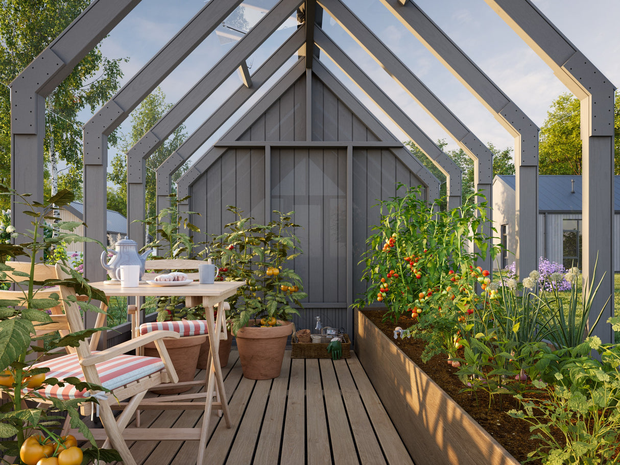 Emilia M+ (2,4x5,5m|8,2+4,0m2|18mm ) Greenhouse with Tool Shed - Painted Grey