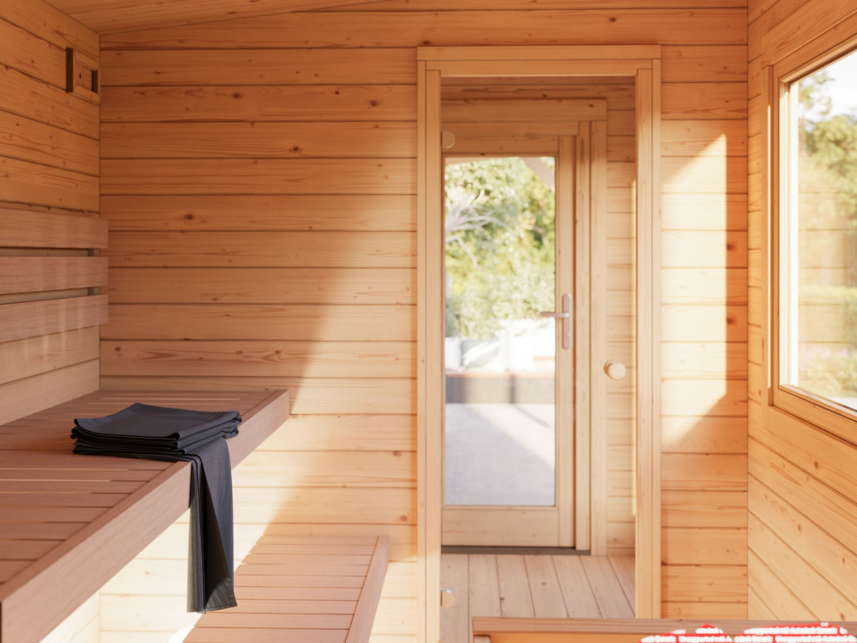 Sanna M+ (6.5x2.5m | 6.8+5.9m2 | 44mm) Modern Garden Sauna with Dressing Room and Canopy - Palmako UK