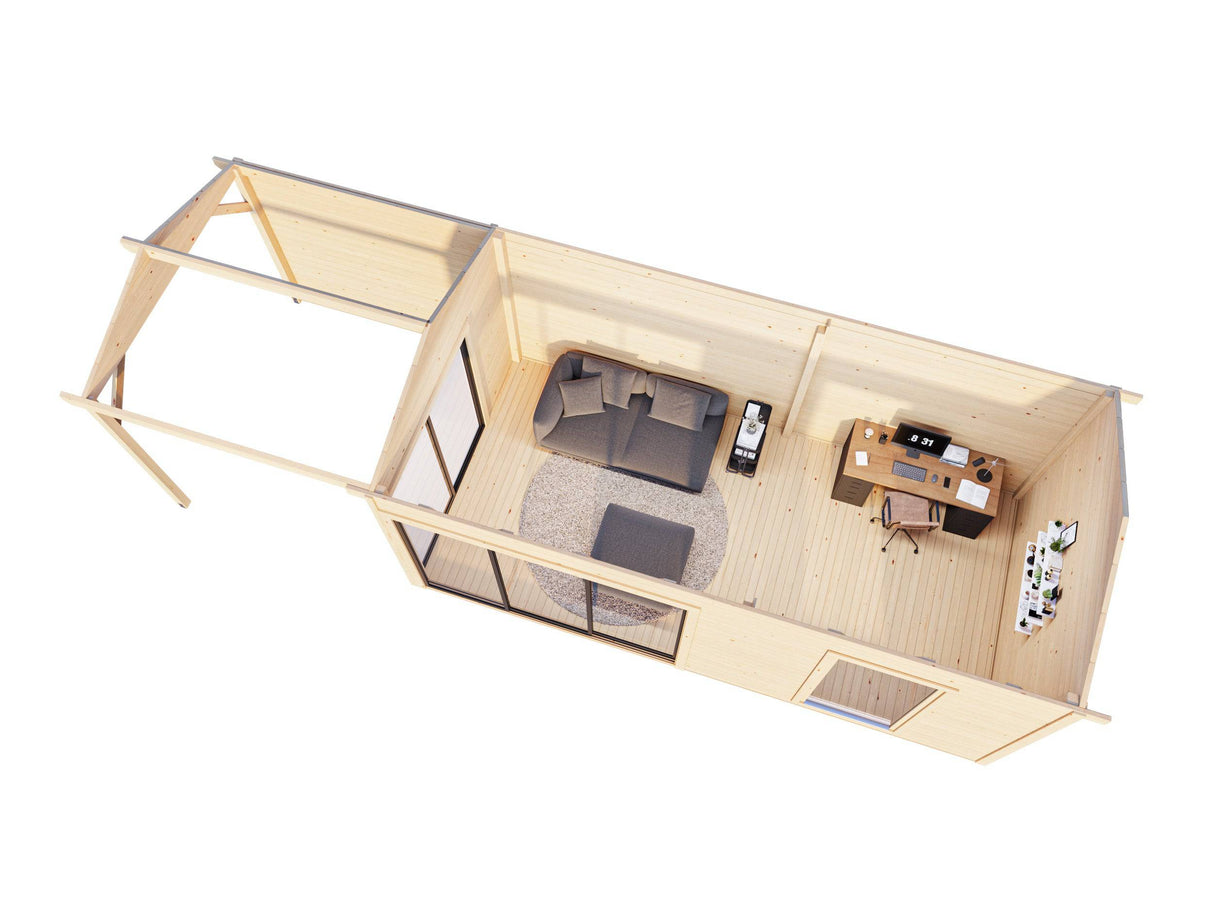 Amanda M+ (8,7x3m | 17,1+7,8 m2 | 44mm) Modern Garden Room with Canopy and Sliding Doors (Double Glazing Available) - Palmako UK