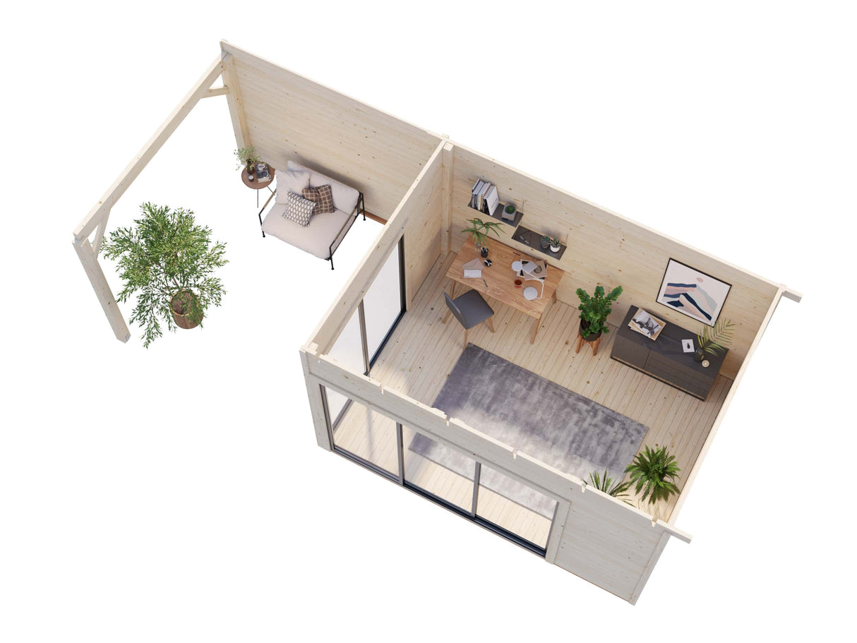 Andrea L (6.9x3m | 11.2+7.9m2 | 44mm) Garden Room with Sliding Doors (Double Glazing Available) - Palmako UK