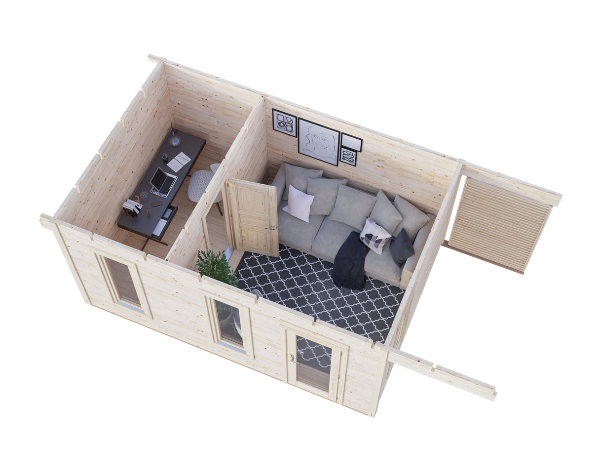 Grace (4.5x2.9m | 12.4+4.1m2 | 56mm) Year-Round Glue-Laminated Garden Room With Canopy - Palmako UK