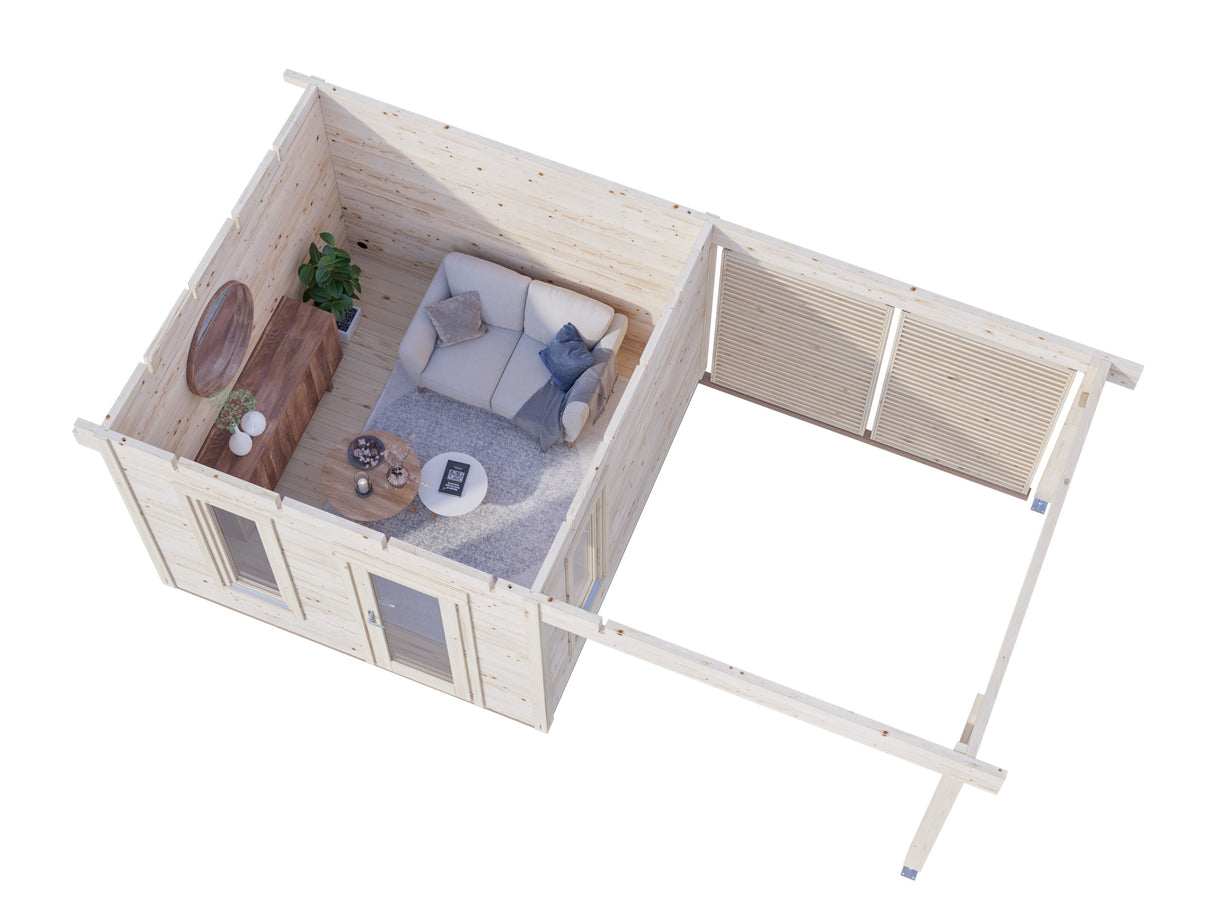 Grace (5.6x2.9m | 8.1+8.1m2 | 56mm) Year-Round Glue-Laminated Garden Room with Roof Canopy - Palmako UK