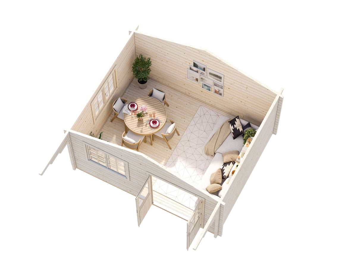 Helena S (4.7x3.8m | 15.1m2 | 70mm) Double Glazed Heavy Duty Garden Log Cabin with Roof Overhang - Palmako UK