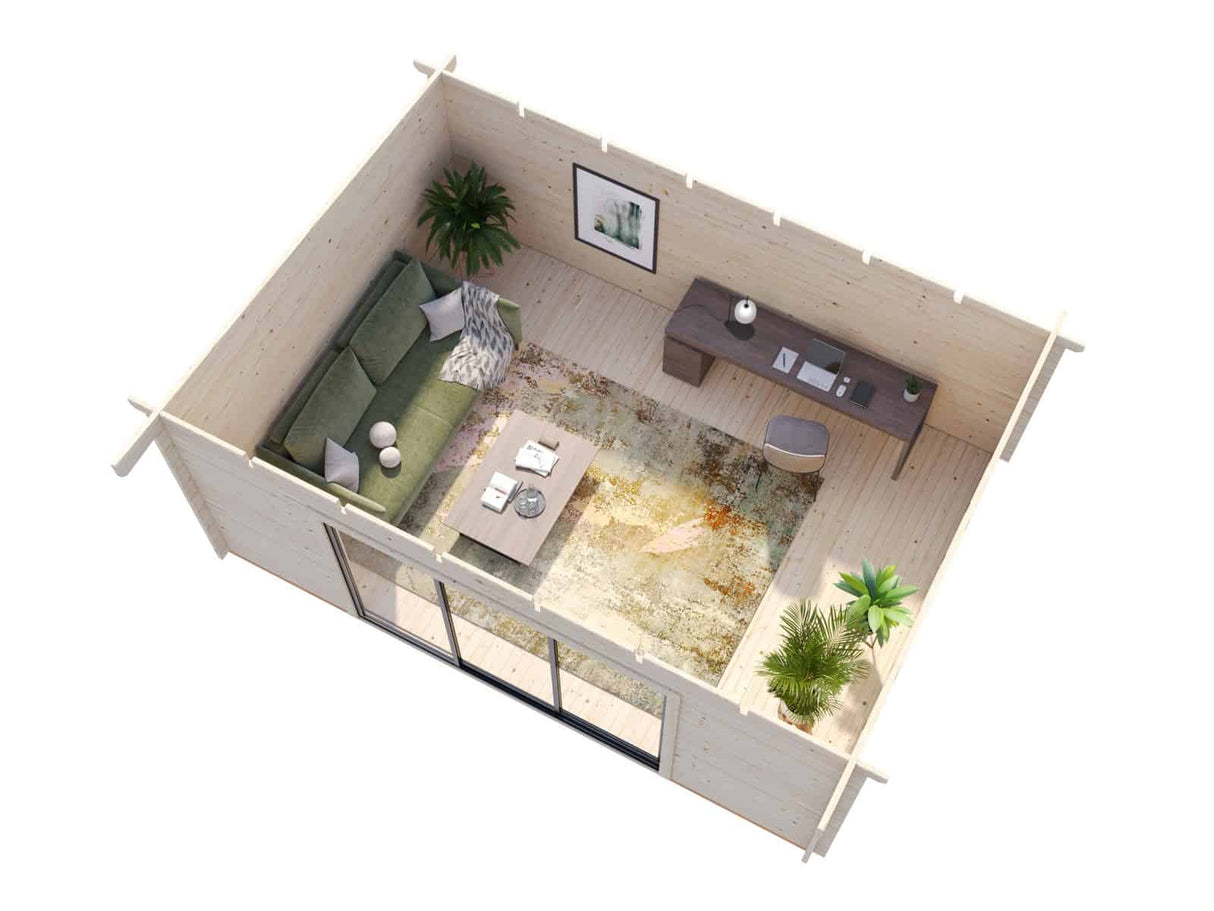 Lea L (5.3x3.8m | 19.4m2 | 44mm) Pent Garden Room with Sliding Doors (Double Glazing Available) - Palmako UK