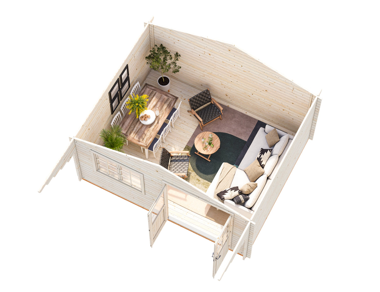 Sally XL (5.3x4.1m | 19.1m2 | 44mm) Large Scandinavian Style Log Cabin with an Overhang Roof - Palmako UK