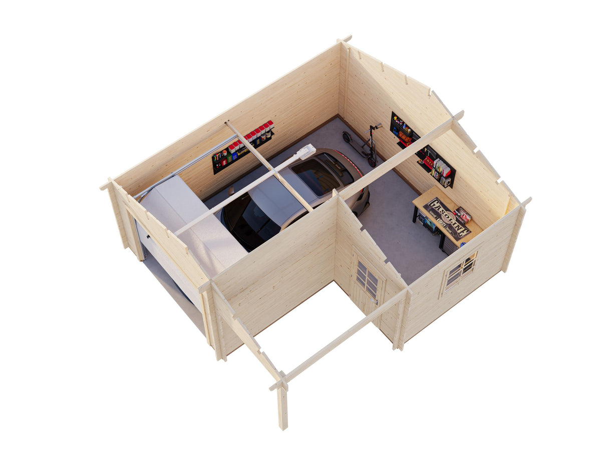 Roger M (5.3x5.7m | 21.9+5.2m2 | 44mm) Log Garage with Sectional Door and Canopy - Palmako UK