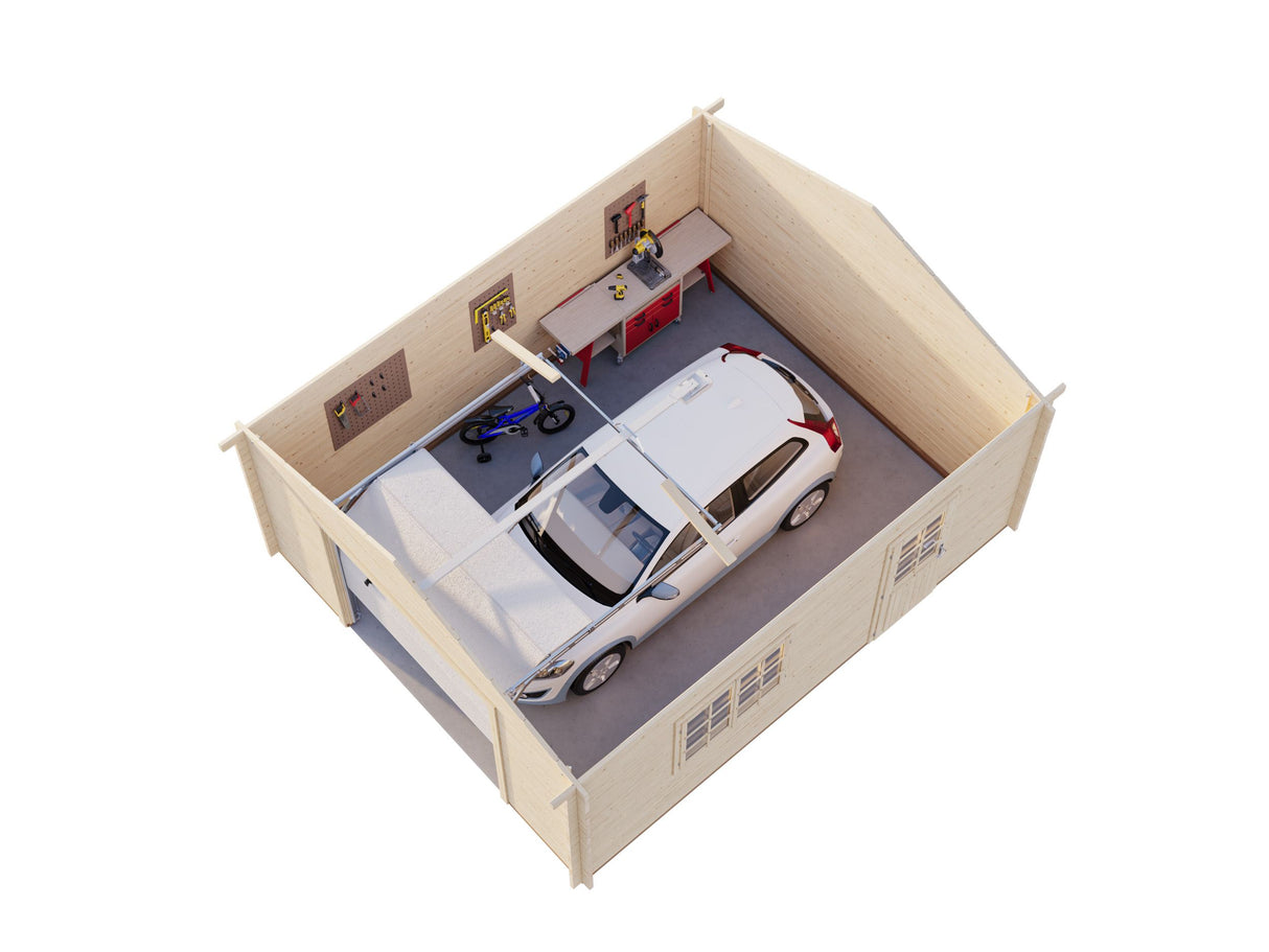 Roger S (4.7x5.7m | 23.9m2 | 44mm) Log Garage with Sectional Door - Palmako UK