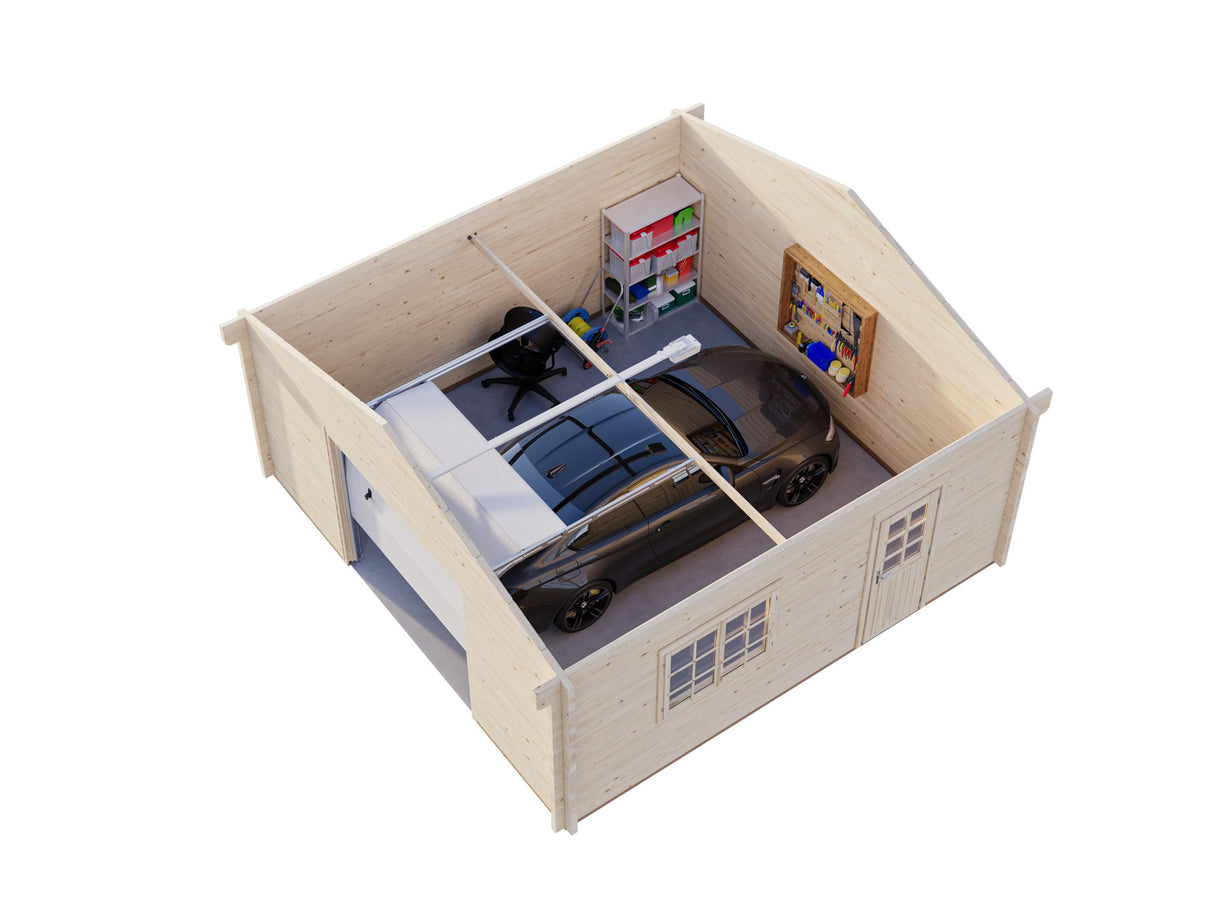 Roger L (5.6x5.6m | 27.7m2 |70mm) Spacious Timber Log Garage with Sectional Door - Palmako UK