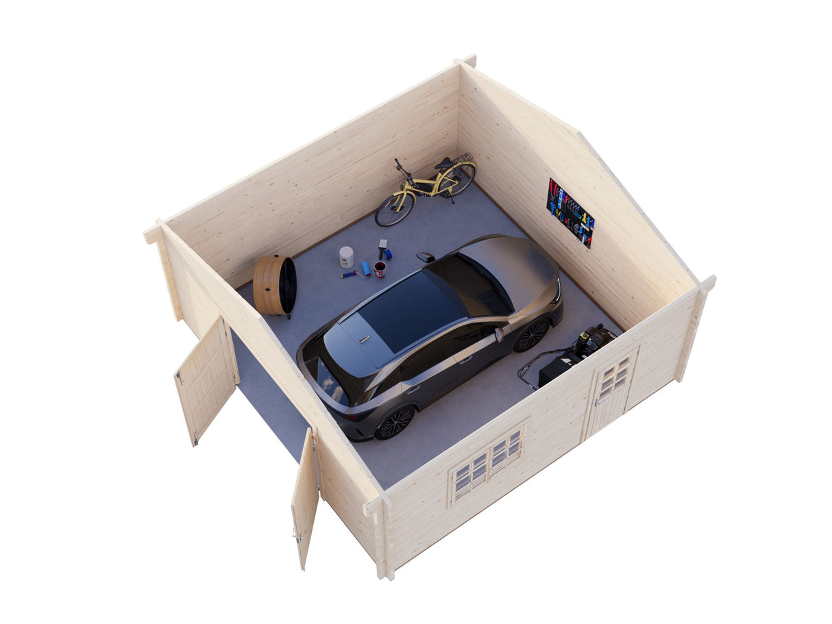 Roger L (5.6x5.6m | 27.7m2 | 70mm) Spacious Timber Log Garage with Wooden Gate - Palmako UK