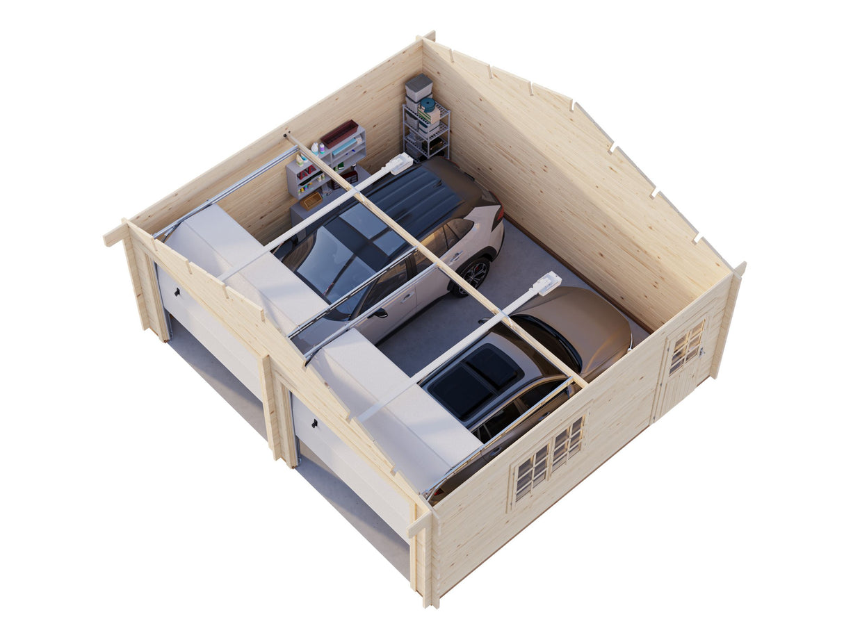 Roger XL (6x5.3m | 28.4m2 | 44mm) Timber Log Double Garage with Sectional Doors - Palmako UK