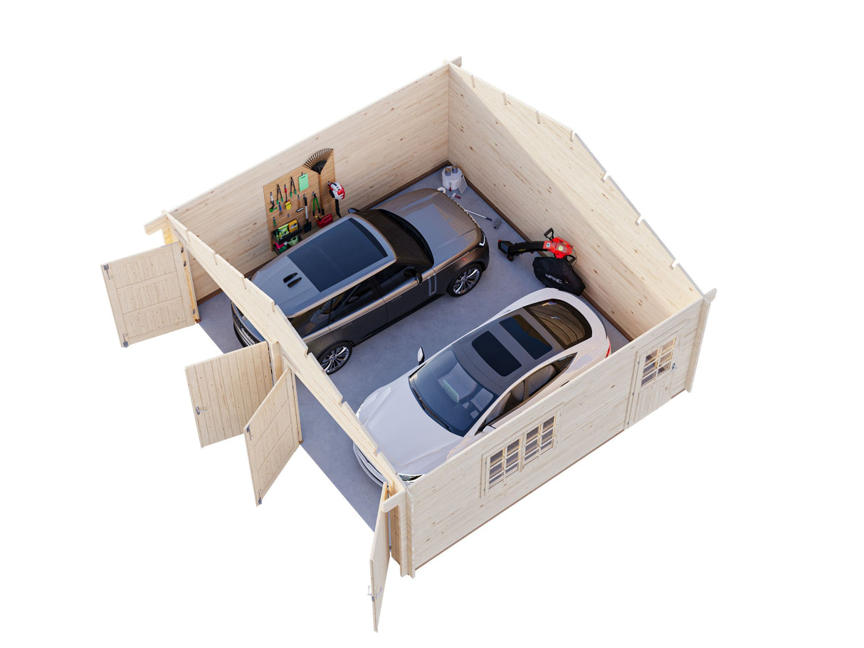 Roger XL (6x5.3m | 28.4m2 | 44mm) Timber Log Double Garage with Wooden Gates - Palmako UK