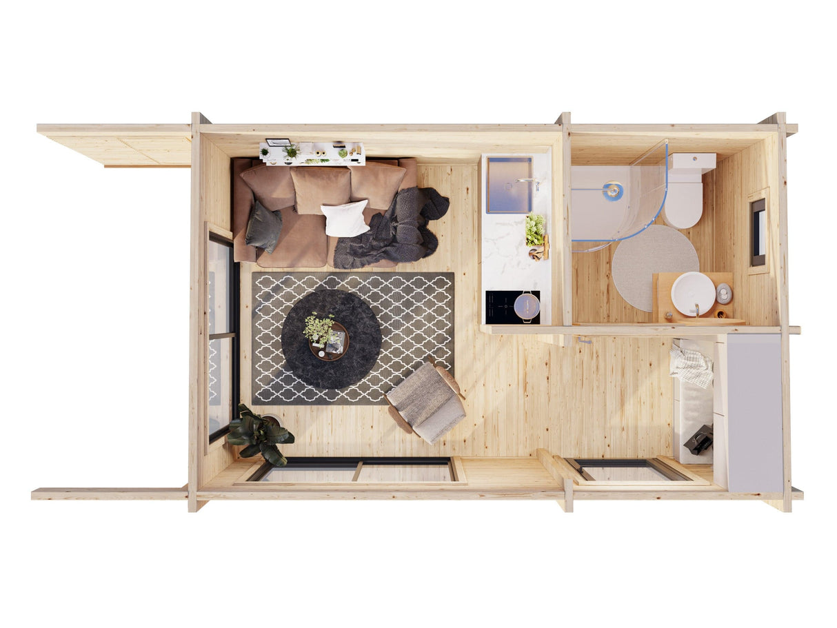 Cecilia S (5,2x3,3m | 14,2m2 | 70mm) 2-Room Modern Log Cottage with Aluminium Doors and Windows - Palmako UK