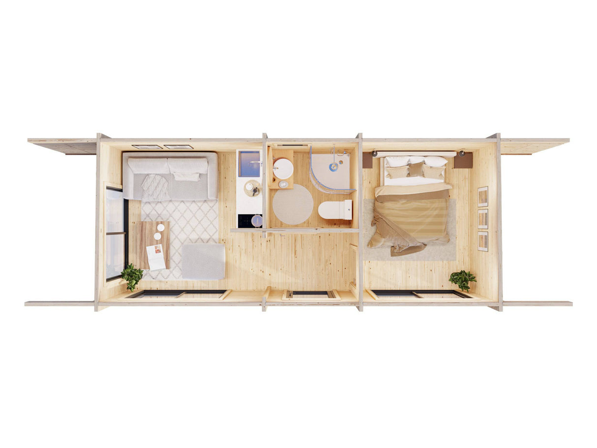 Cecilia M (7,8x3,3m | 21,8m2 | 70mm) 3-Room Modern Log Cottage with Aluminium Doors and Windows - Palmako UK