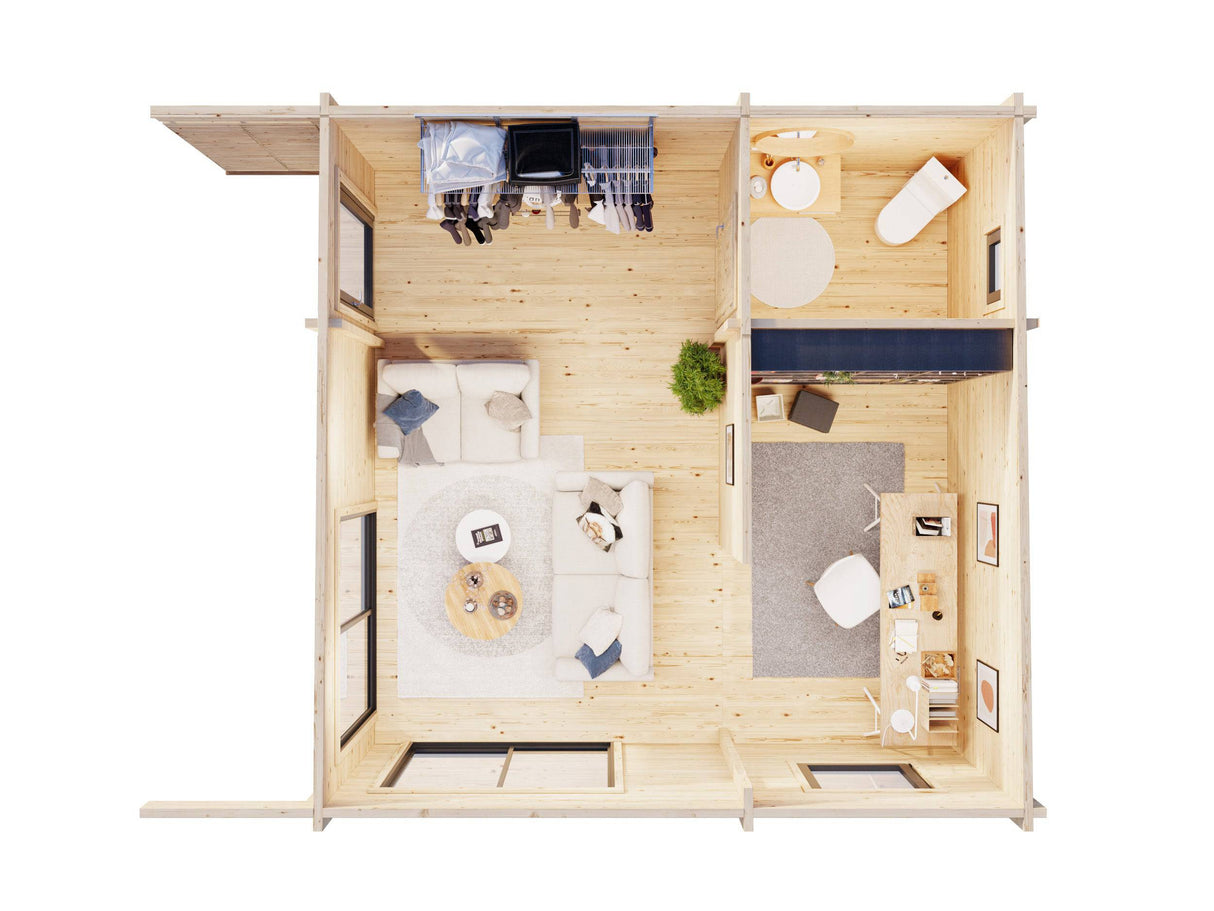 Cecilia L (5,6x5,6m | 27,2m2 | 70mm) Spacious 2,5-Room Modern Log Cottage with Aluminium Doors and Windows - Palmako UK