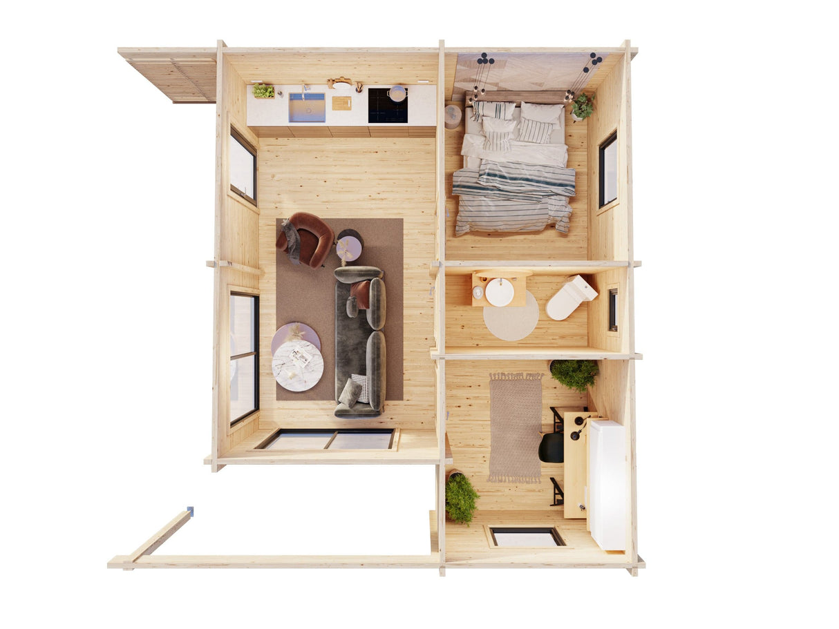 Cecilia XL(5,6x6,9m | 30m2 | 70mm) 4-Room Modern Log Cottage with Aluminium Doors and Windows - Palmako UK