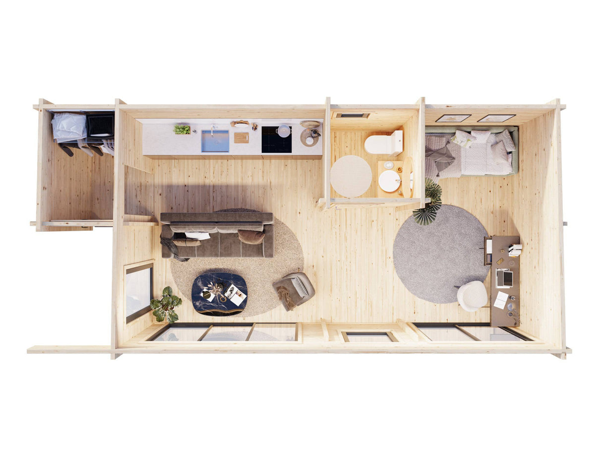 Cecilia XXL (9,1x4,4m | 32m2 | 70mm) Spacious 3-Room Modern Log Cottage with Aluminium Doors and Windows - Palmako UK