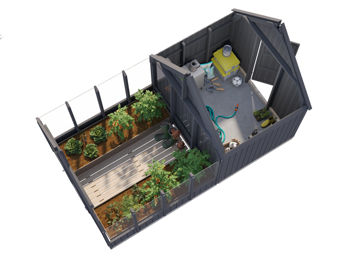 Emilia S+ (2,4x4,3m|5,4+4m2|18mm ) Compact Greenhouse with Shed - Factory Painted