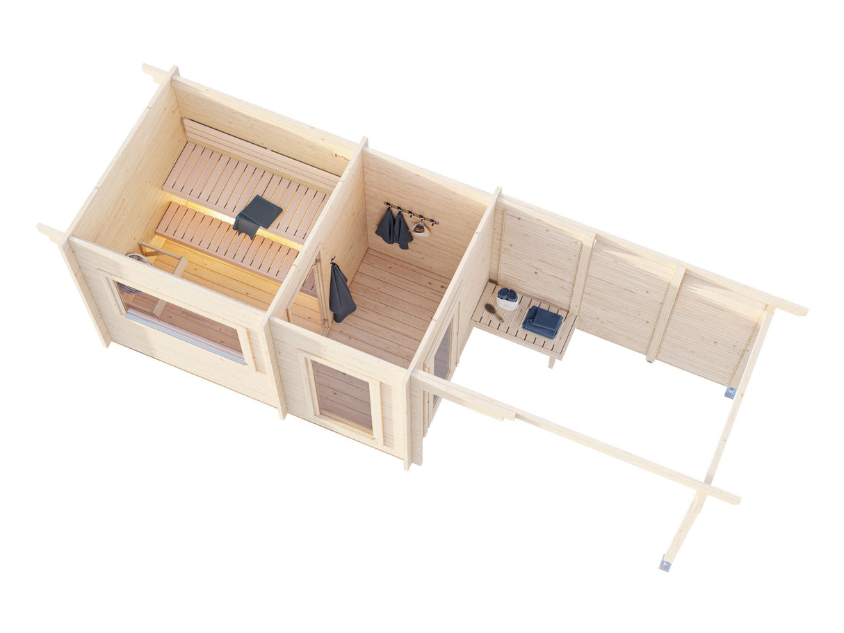 Sanna M+ (6.5x2.5m | 6.8+5.9m2 | 44mm) Modern Garden Sauna with Dressing Room and Canopy - Palmako UK