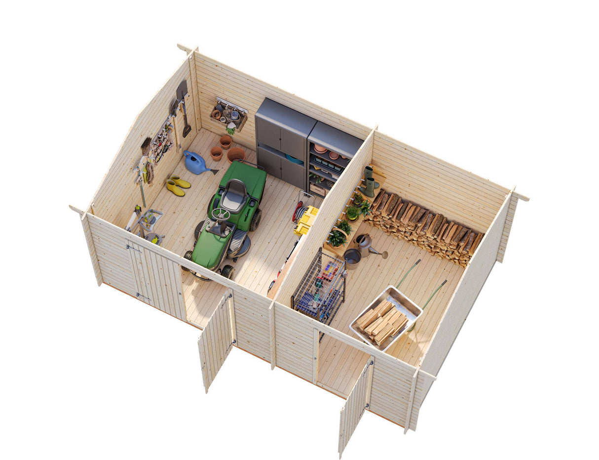 Jari L (5.2x3.2m | 14.5m2 | 28mm) Two Room Timber Log Shed - Palmako UK