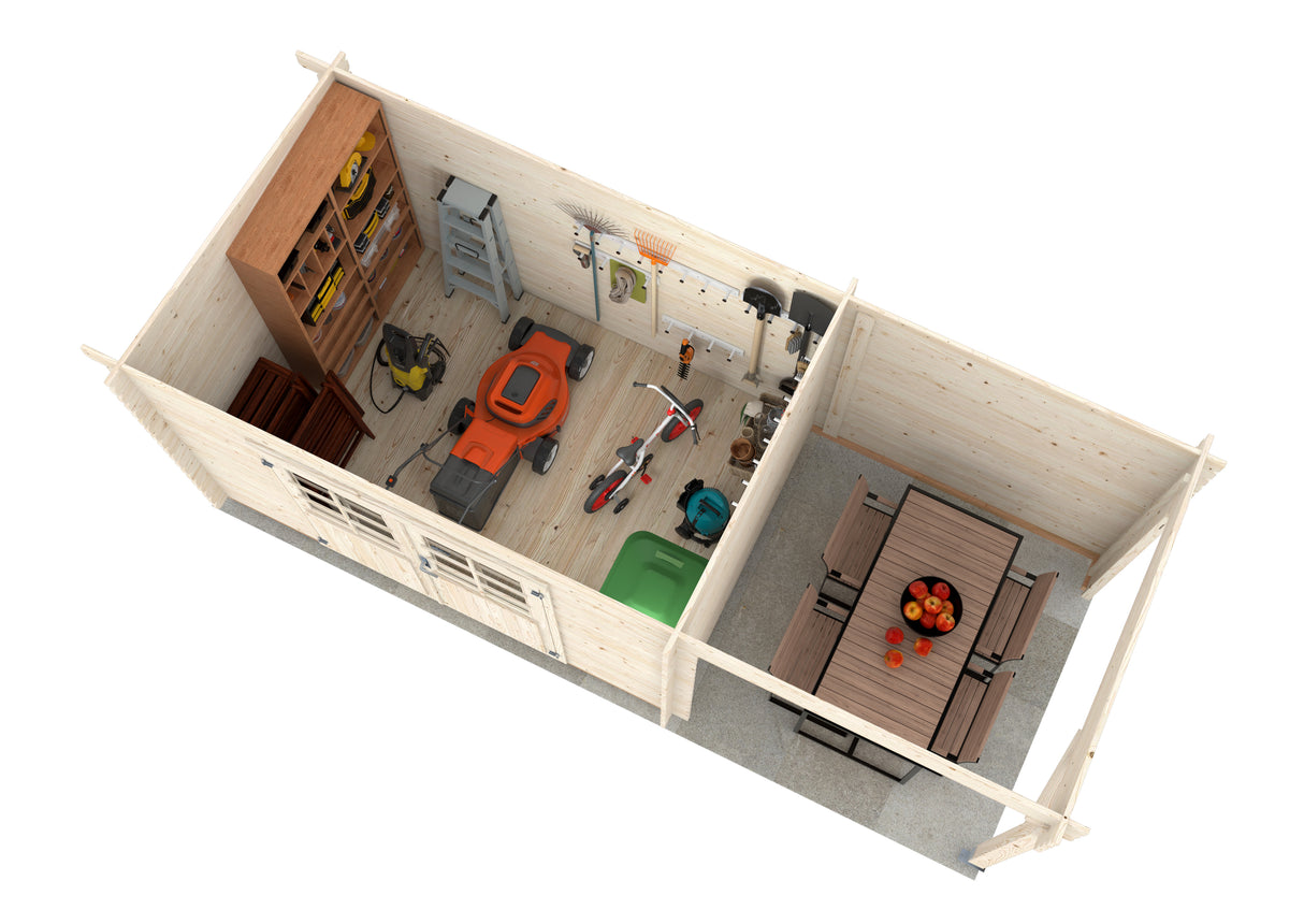 Malta 1 with 3,6 m2 canopy (5,1x2,2m | 5,7m2 | 28mm) Pent Roof Log Shed with Side Canopy