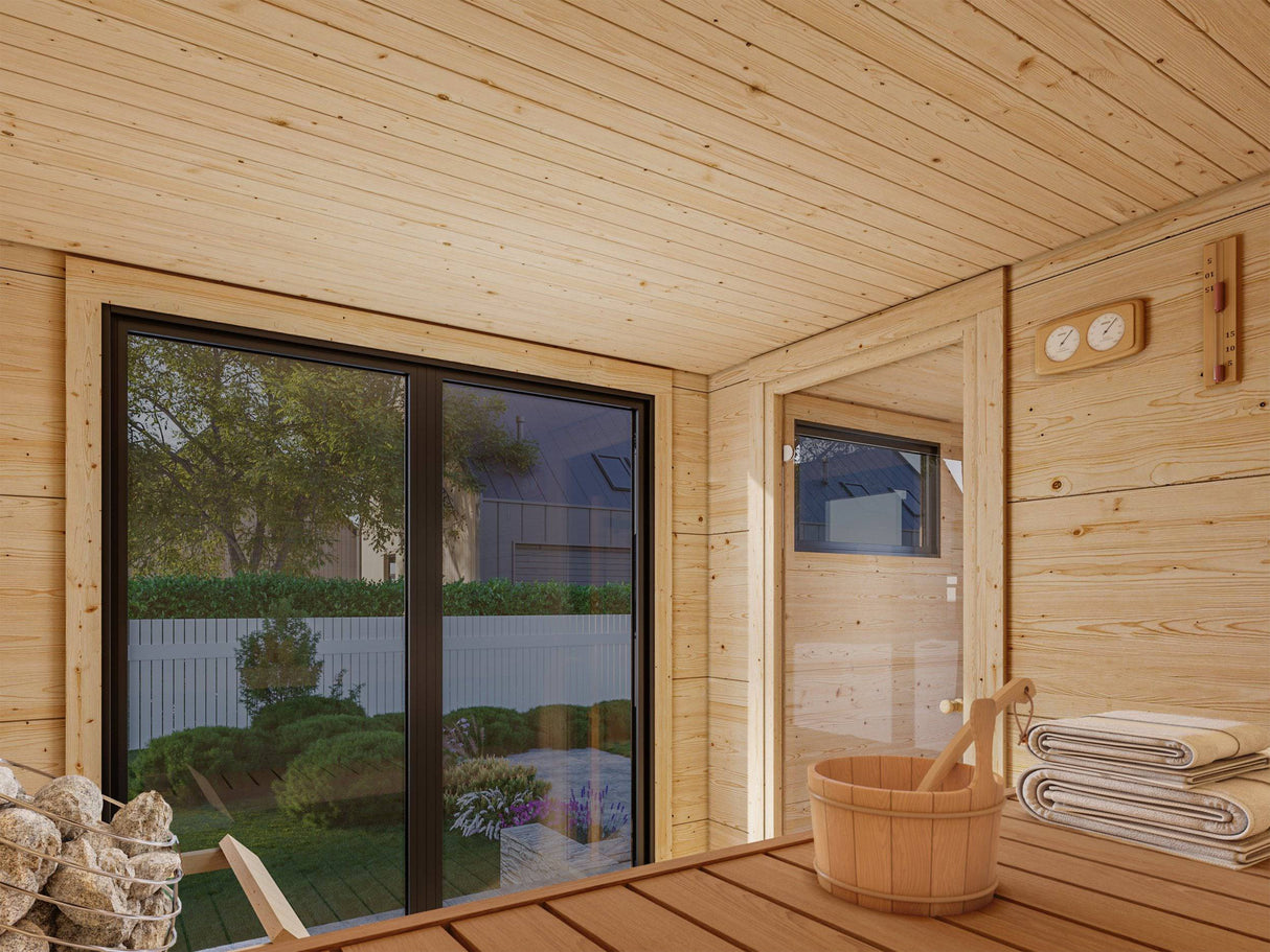 Grace Sauna M (3,9x2,3m | 8,2m2 | 56mm) Sturdy Engineered Timber 2-Room Garden Sauna - Palmako UK