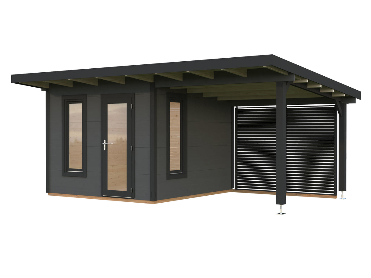 Grace (5.6x2.9m | 8.1+8.1m2 | 56mm) Year-Round Glue-Laminated Garden Room with Roof Canopy - Palmako UK