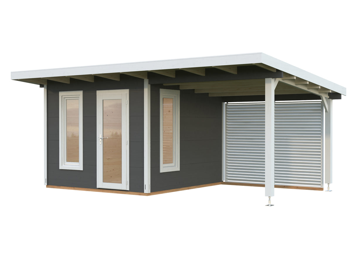 Grace (5.6x2.9m | 8.1+8.1m2 | 56mm) Year-Round Glue-Laminated Garden Room with Roof Canopy - Palmako UK