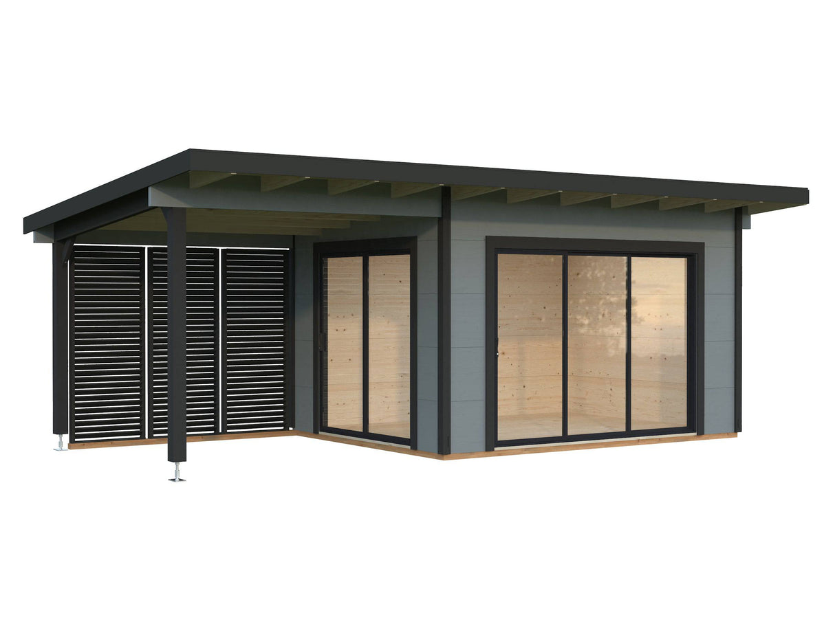 Grace (4x3m | 11.2+8.2m2 | 56mm) Year-Round Glue-Laminated Garden Room with Double Glazed Sliding Doors And Canopy - Palmako UK