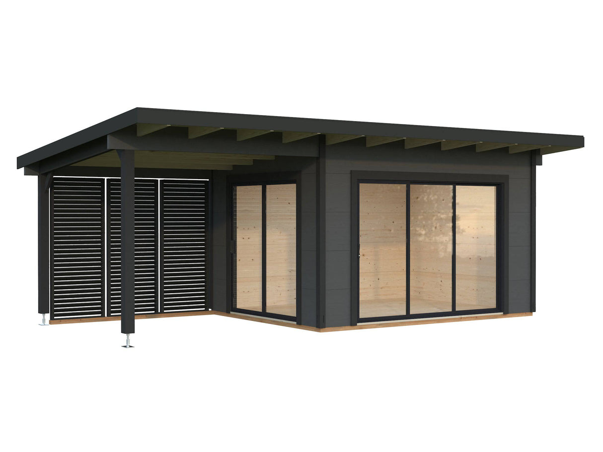 Grace (4x3m | 11.2+8.2m2 | 56mm) Year-Round Glue-Laminated Garden Room with Double Glazed Sliding Doors And Canopy - Palmako UK