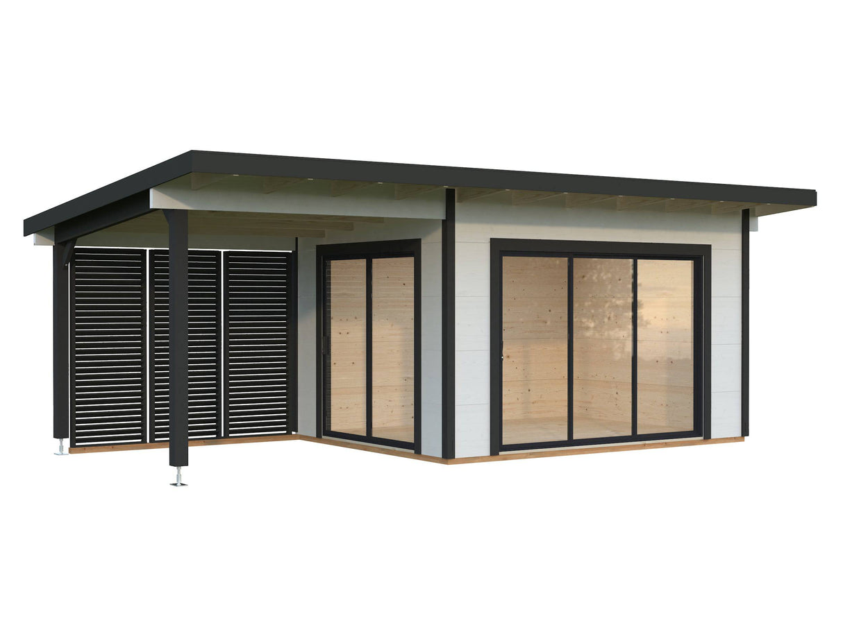 Grace (4x3m | 11.2+8.2m2 | 56mm) Year-Round Glue-Laminated Garden Room with Double Glazed Sliding Doors And Canopy - Palmako UK