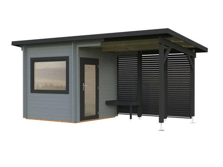 Sanna S+ (5.1x2.3m | 4.1+5.9 m2 | 44mm) Modern Outdoor Sauna with Canopy - Palmako UK