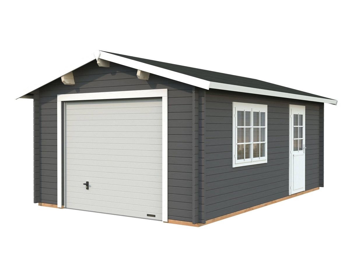 Roger XS (3.8x5.7m | 19m2 | 44mm) Compact Timber Log Garage with Sectional Door - Palmako UK