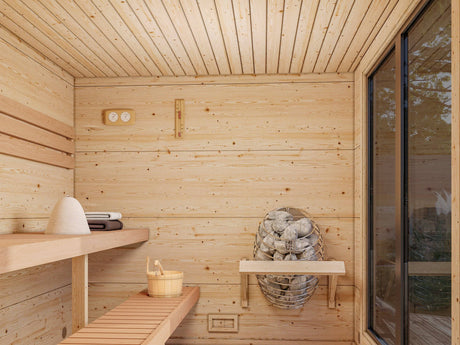 Grace Sauna S (2,5x2,3m | 5,3m2 | 56mm) Sturdy Engineered Timber Garden Sauna - Palmako UK
