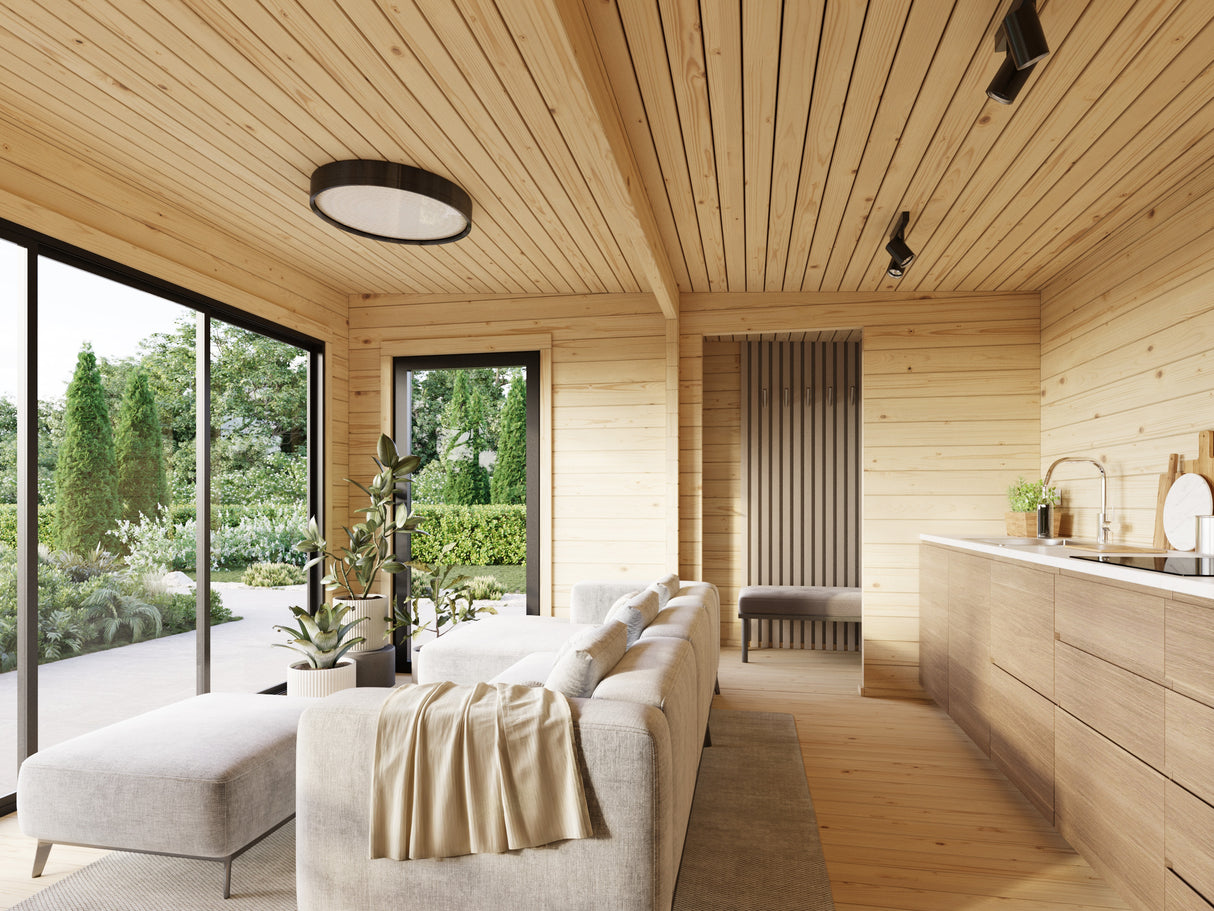 Cecilia L2 (7,9x4,4m|27,3m2|70mm ) Modern Garden Log House With Aluminium Doors and Windows