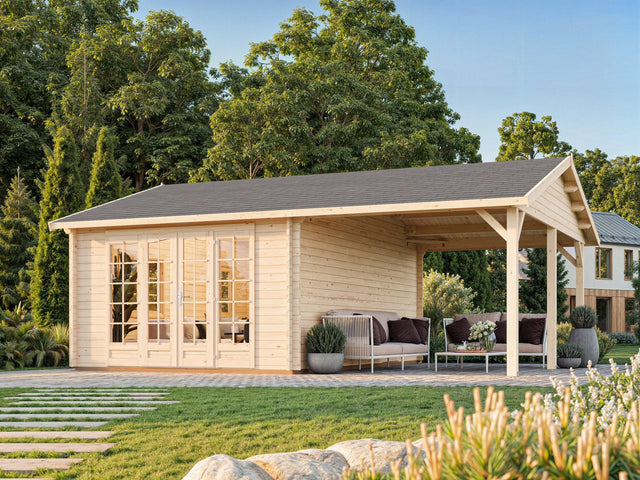 Irene M+ (6,7x5,7m | 19,0+16,2m2 | 44mm) Summer House with Side Canopy or Carport - Palmako UK