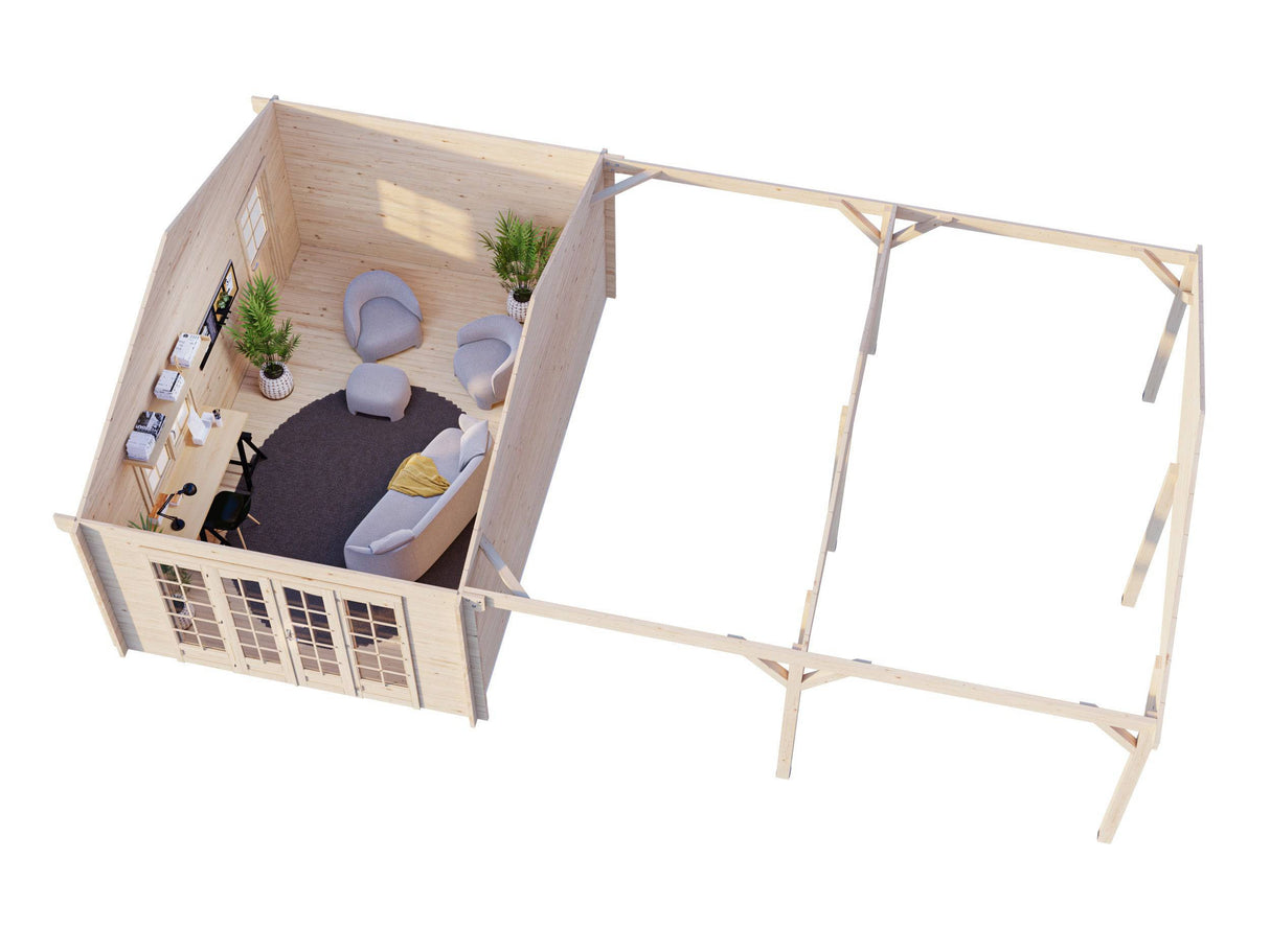 Irene M++ (9,8x5,7m | 19,0+33,2m2 | 44mm) Summer House with Large Canopy or Double Carport - Palmako UK