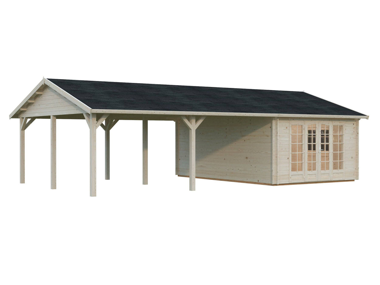 Irene M++ (9,8x5,7m | 19,0+33,2m2 | 44mm) Summer House with Large Canopy or Double Carport - Palmako UK