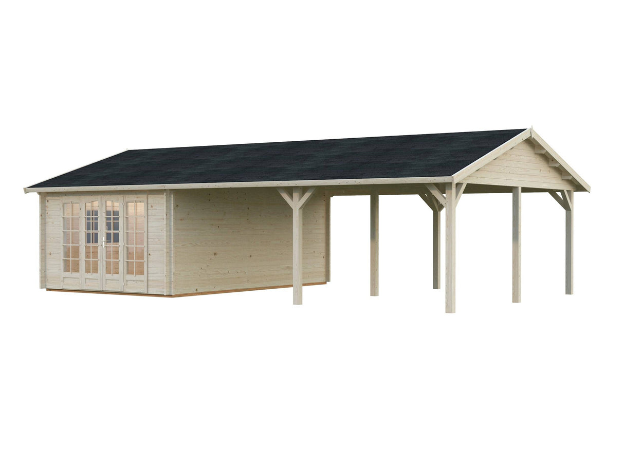 Irene M++ (9,8x5,7m | 19,0+33,2m2 | 44mm) Summer House with Large Canopy or Double Carport - Palmako UK