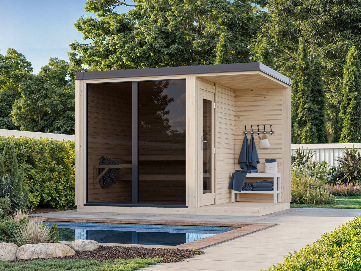 Sarah Sauna (3,2x2,2m | 3,8m2 | 16mm) Modern Garden Sauna with Tinted Glass - Palmako UK