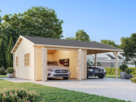 Roger (6,7x5,7m | 19+16,2m2 | 44mm) Single Timber Garage With Carport (Wooden Gate) - Palmako UK
