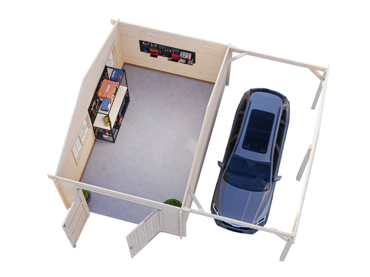 Roger (6,7x5,7m | 19+16,2m2 | 44mm) Single Timber Garage With Carport (Wooden Gate) - Palmako UK