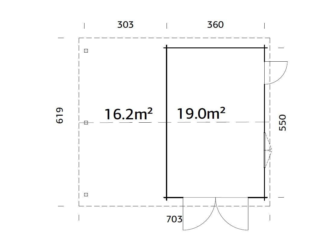 Roger (6,7x5,7m | 19+16,2m2 | 44mm) Single Timber Garage With Carport (Wooden Gate) - Palmako UK