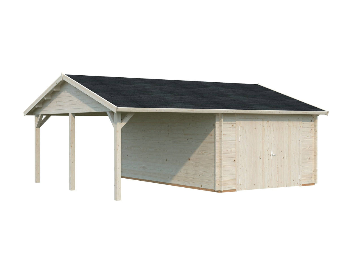 Roger (6,7x5,7m | 19+16,2m2 | 44mm) Single Timber Garage With Carport (Wooden Gate) - Palmako UK