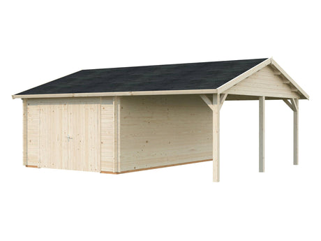Roger (6,7x5,7m | 19+16,2m2 | 44mm) Single Timber Garage With Carport (Wooden Gate) - Palmako UK