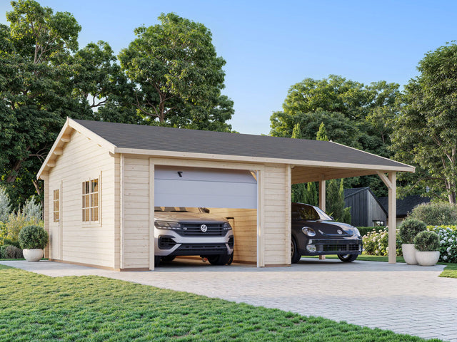 Roger (6,7x5,7m | 19+16,2m2 | 44mm) Single Garage with Single Carport (Sectional Door) - Palmako UK