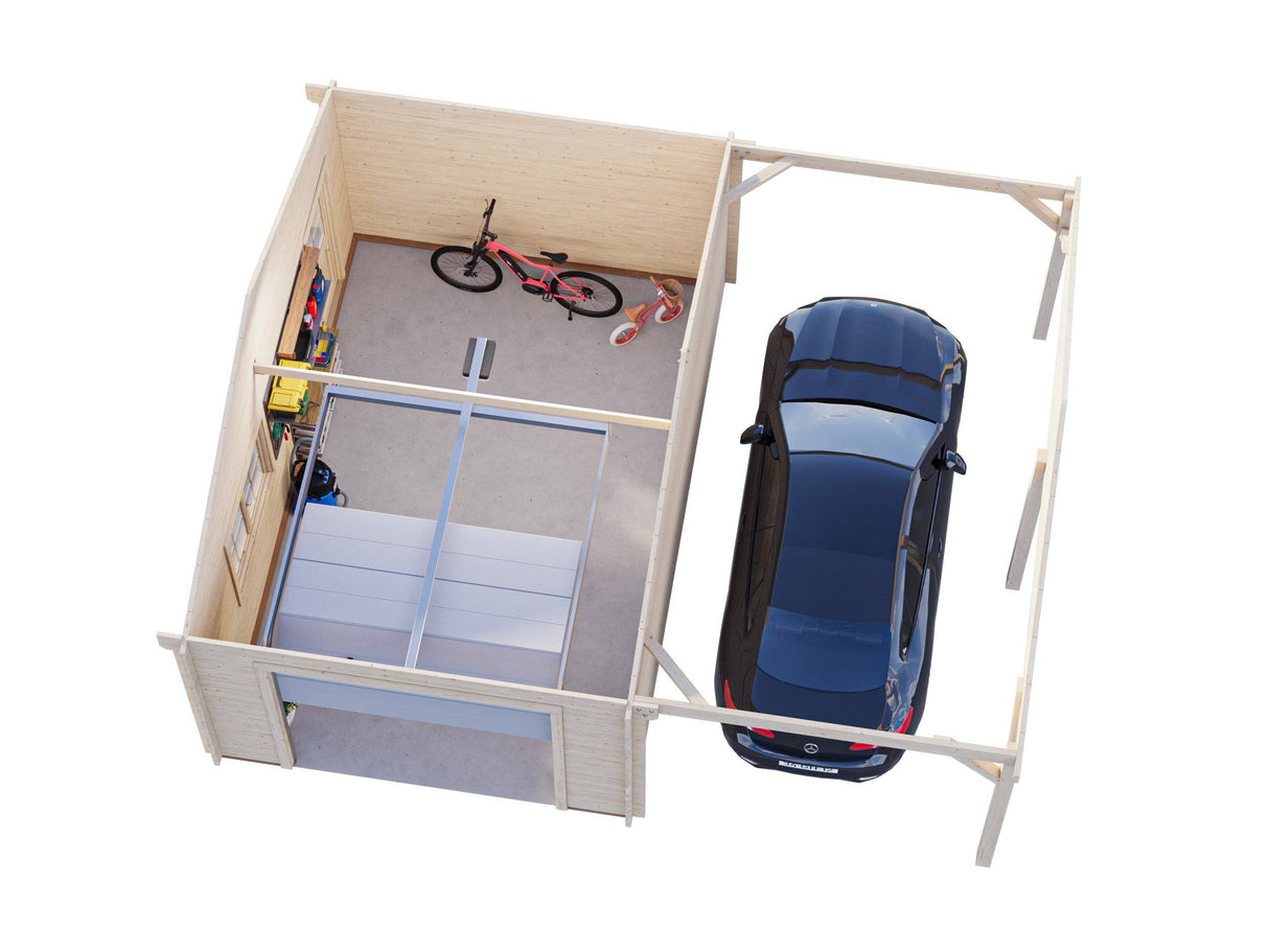 Roger (6,7x5,7m | 19+16,2m2 | 44mm) Single Garage with Single Carport (Sectional Door) - Palmako UK