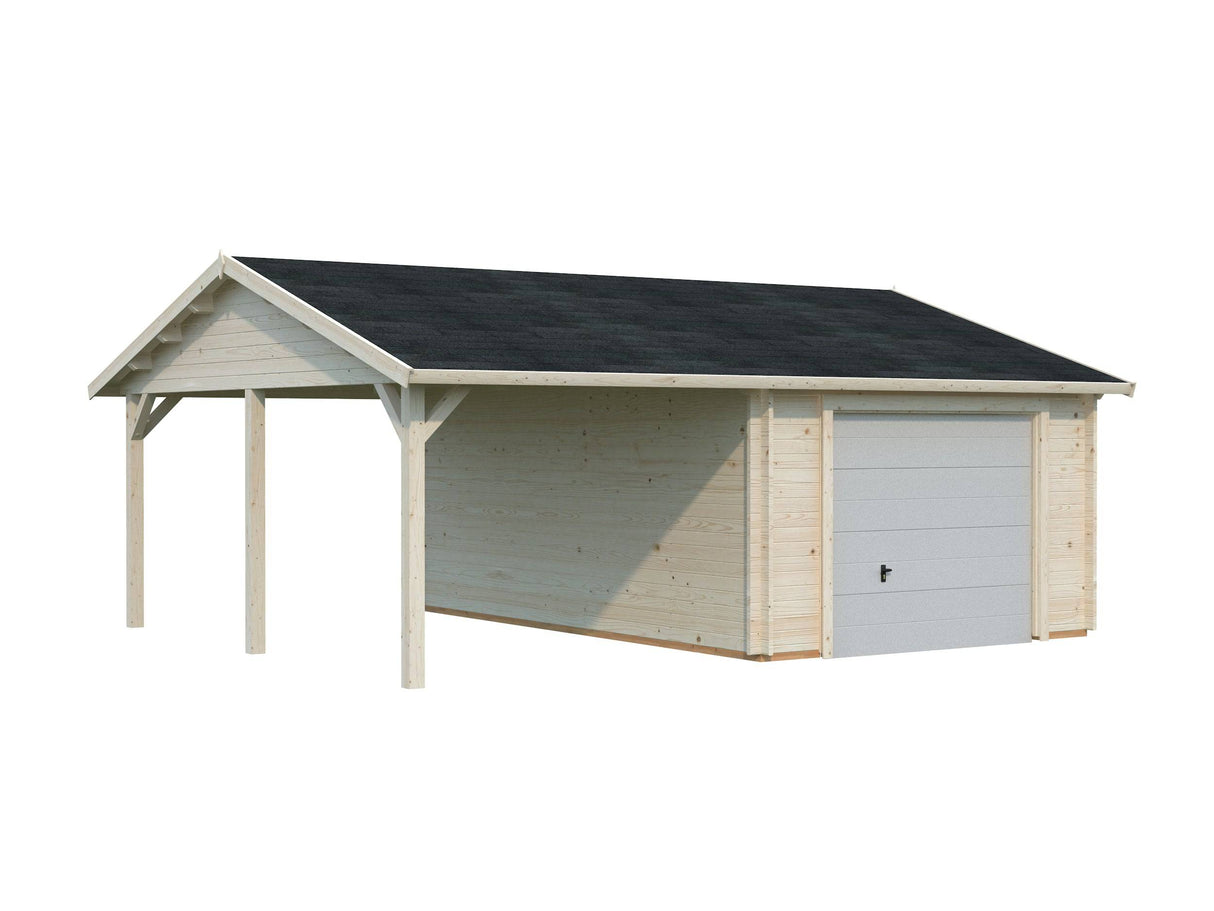Roger (6,7x5,7m | 19+16,2m2 | 44mm) Single Garage with Single Carport (Sectional Door) - Palmako UK